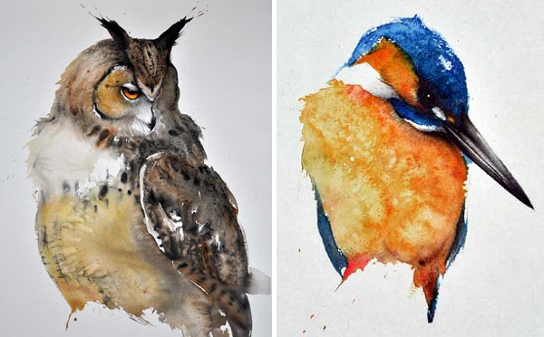 鳥 水彩画 水彩画 飛んでいる鳥とクローバーイラストイラスト - No