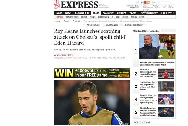 闘将ロイ・キーン、アザールの行動を酷評「だだっ子」