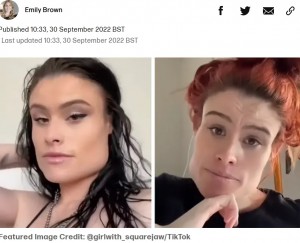 四角い顎が特徴のブルックさん(画像は『Tyla 2022年9月30日付「Woman who is compared to Buzz Lightyear because of jawline says she wouldn't change a thing」(Credit: @girlwith_squarejaw/TikTok)』のスクリーンショット)