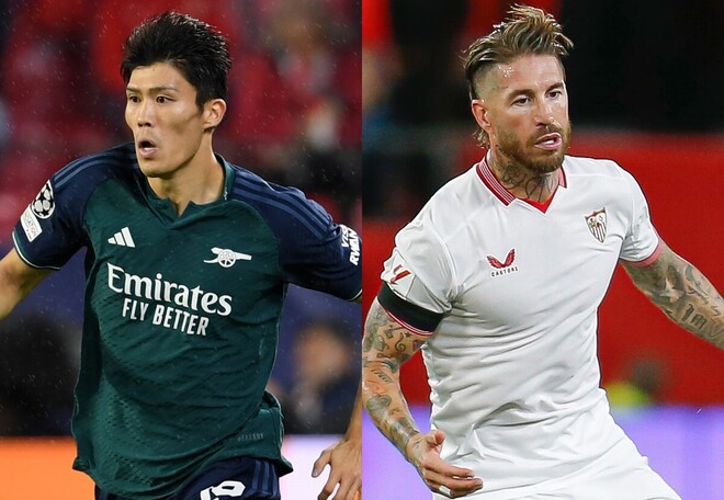 冨安（左）の足を踏んだS・ラモス（右）。(C)Getty Images