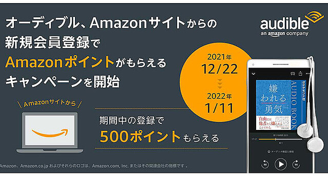 オーディブル、Amazon公式サイトから新規で会員登録するとAmazonポイントがもらえるキャンペーンを実施中