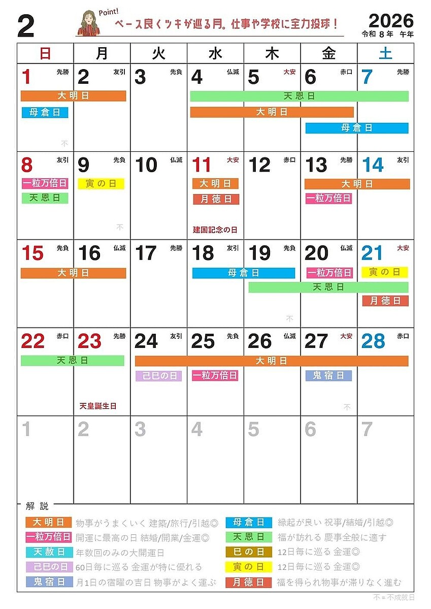 2026年2月の代表的な開運カレンダー 大明日はライフイベントに、母倉日は
