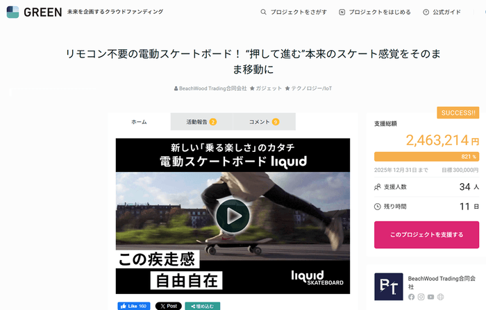 liquid SKATEBOARD、クラファンで即達成