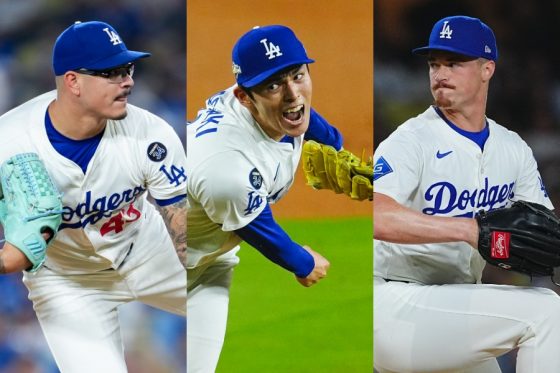 ドジャースのアンソニー・バンダ、佐々木朗希、ジャック・ドレイヤー(左から)【写真:イワモトアキト、荒川祐史】