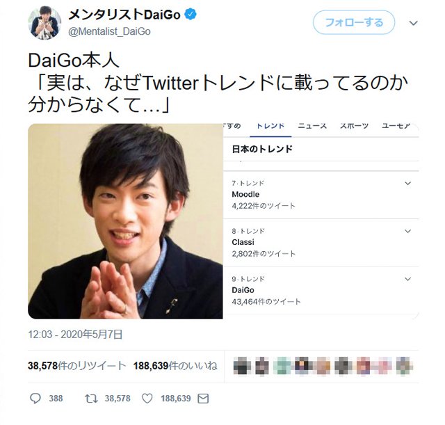 メンタリストDaiGoさん本人も困惑！？「実は、なぜTwitterトレンドに