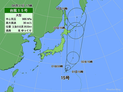 31日午後5時の台風15号の位置と5日間進路予想。