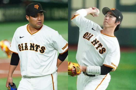 巨人・今村信貴(左)と重信慎之介【写真:小林靖】