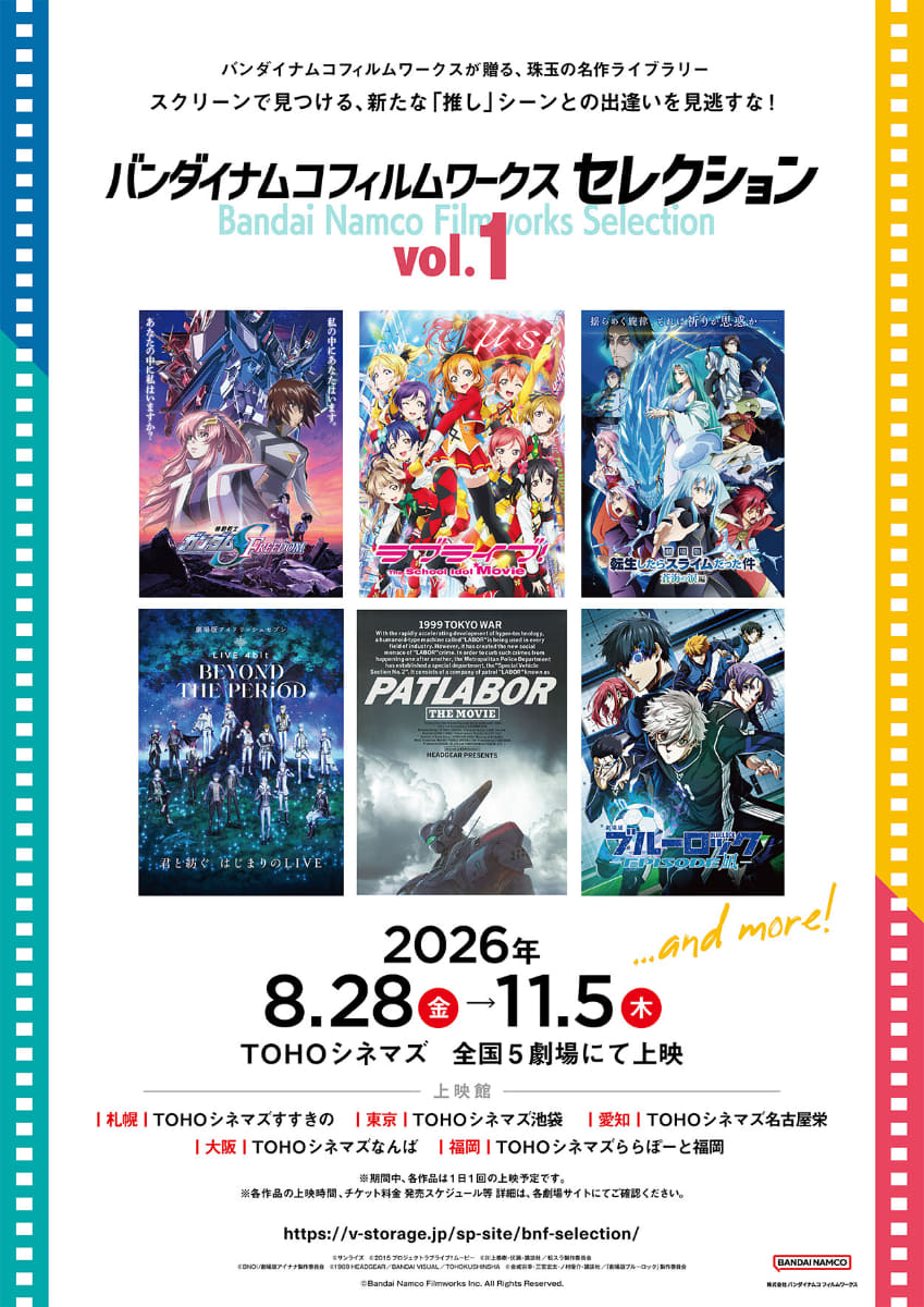 「ガンダム」「アイナナ」「パトレイバー」など名作を週替わり上映。特製クリアカードも配布