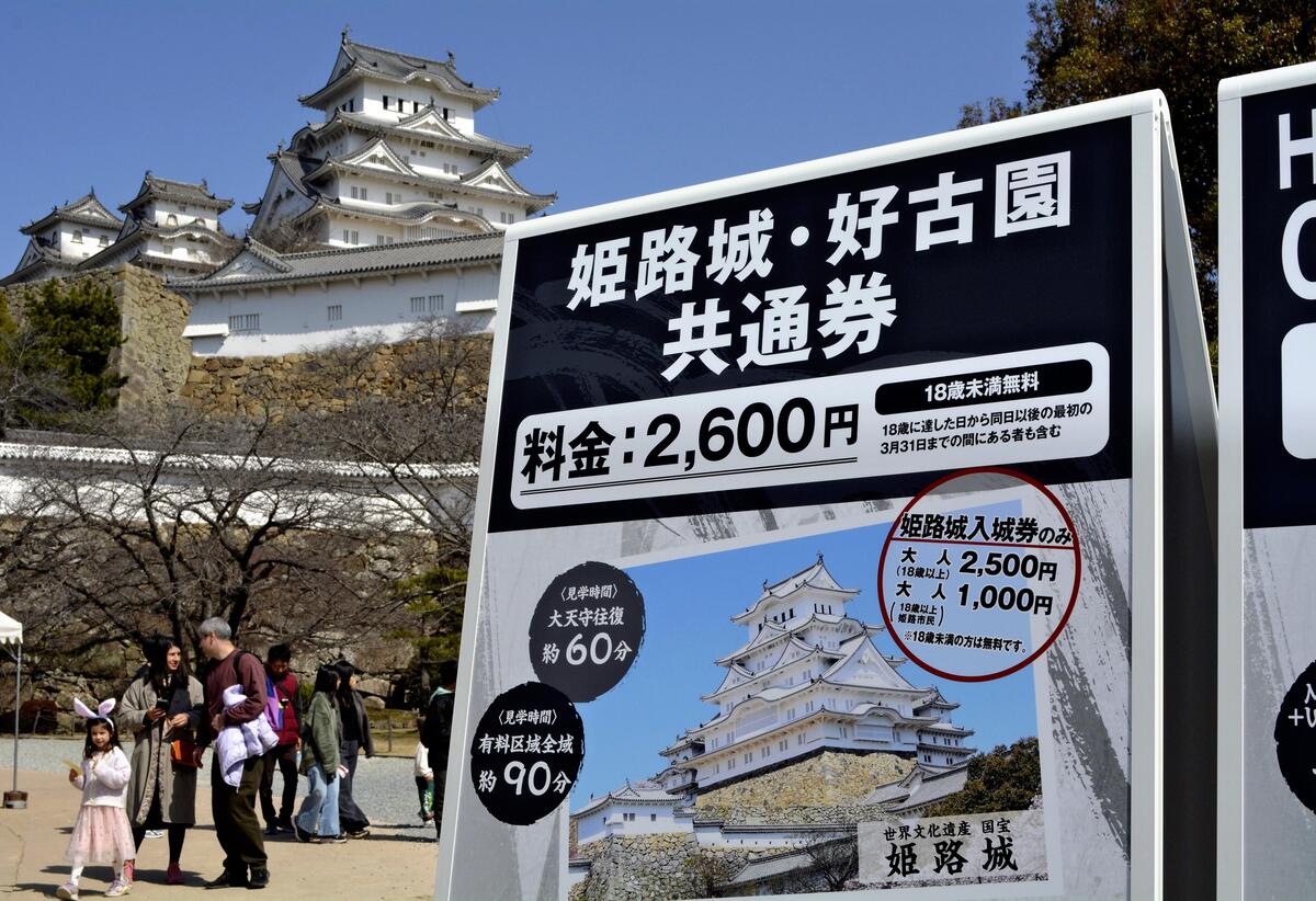 新たな入城料の看板。市民と市民以外で２・５倍の差が付けられた（右の円内）（１日、兵庫県姫路市で）