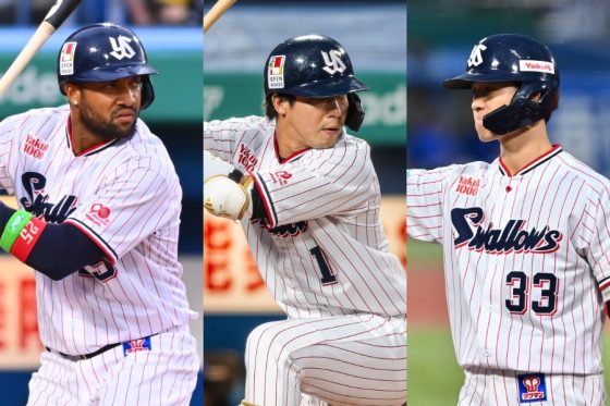 ヤクルトのドミンゴ・サンタナ、山田哲人、内山壮真（左から）【写真：古川剛伊】