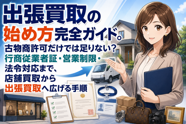 【徹底調査】出張買取の始め方完全ガイド。古物商許可だけでは始められない?行商の届出・行商従業者証・取引場所の制限・訪問購入のクーリングオフまで──店舗買取から出張買取へ事業を広げる手順と法令対応
