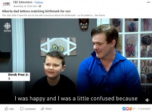 8歳の息子と一緒にインタビューに応じる父親(画像は『CBC Edmonton 2020年12月12日付Facebook「Alberta dad tattoos matching birthmark for son」』のスクリーンショット)