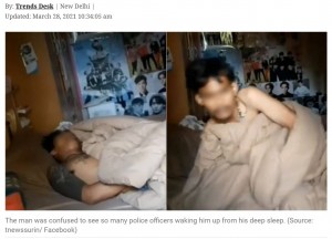 朝までぐっすり眠ってしまった強盗犯(画像は『The Indian Express 2021年3月28日付「WATCH: Thai burglar falls asleep while robbing, woken up by cops」(Source: tnewssurin/ Facebook)』のスクリーンショット)