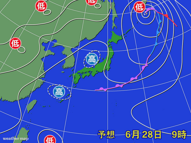 28日午前9時の予想天気図。
