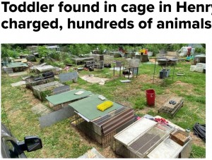 男児を救出も庭には多数のケージが(画像は『NewsChannel 5 Nashville WTVF 2020年6月27日付「Toddler found in cage in Henry County; 3 charged, hundreds of animals rescued」』のスクリーンショット)