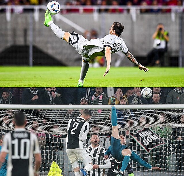メッシのオーバーヘッド弾(上)と比較されているのがロナウドの伝説弾(下)だ。(C) Getty Images
