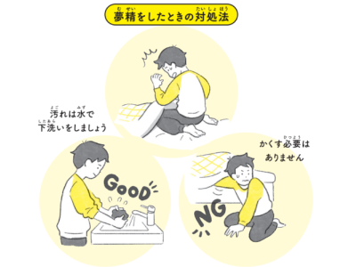 寝ながら出てしまうのはなんで?夢精をしたときの対処法は?汚れたパンツやシーツの洗い方【12歳までに知っておきたい男の子のためのおうちでできる性教育】