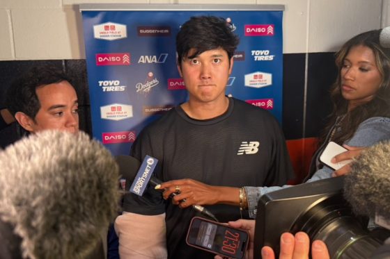 アストロズ戦後の取材に応じたドジャース・大谷翔平【写真:上野明洸】
