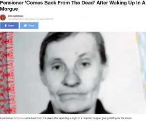 遺体安置室で息を吹き返した81歳女性(画像は『LADbible 2020年8月19日付「Pensioner ‘Comes Back From The Dead’ After Waking Up In A Morgue」(Credit: East 2 West News)』のスクリーンショット)