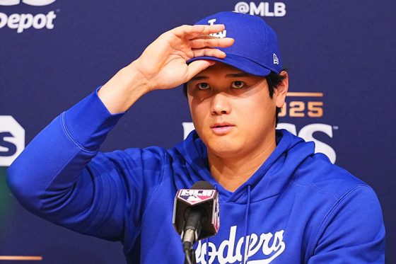 試合前日の会見に出席したドジャース・大谷翔平【写真:荒川祐史】