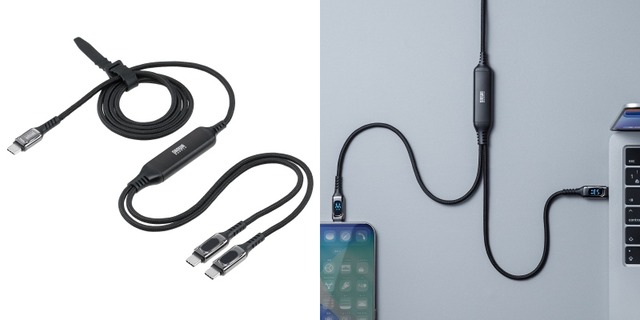 2台同時に充電できる!電力表示機能付きで100W対応の2in1 Type-Cケーブル