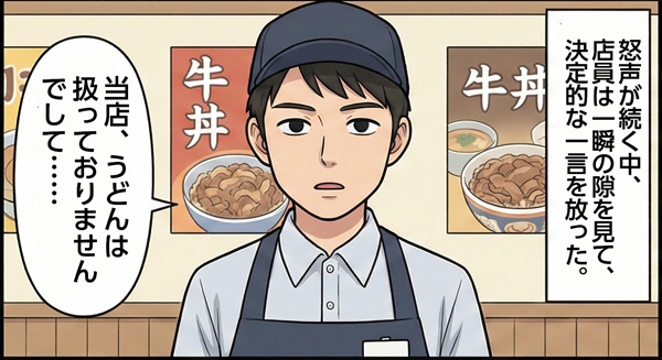 「うどんがヌルかったぞ！」牛丼屋で衝撃クレーマー客　店員のまさかの一言で退散【実録マンガ】