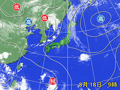 18日午前9時の天気図と衛星画像。
