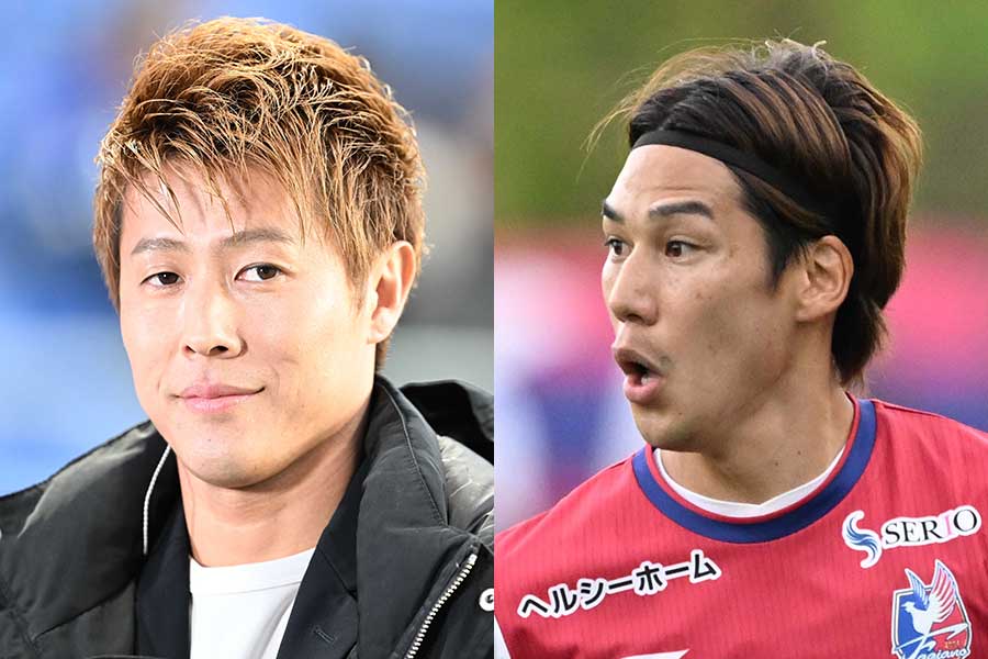 退団を行った柿谷曜一朗氏(左)と岡山の江坂任【写真:徳原隆元】