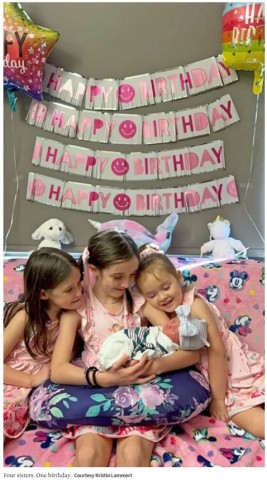 3�а㤤��Ʊ��8��25�����ޤ��4���塣3�ͤλФ����Ů�����Ƥ��ꡢ���֤����ä�������ߥ륯����ޤ�����Ȥ����ä򤷤Ƥ���ʡ�TODAY����Mom has given birth to 4 daughters over 9 years on the exact same day�ס�Courtesy Kristin Lammert�ˡ٤���