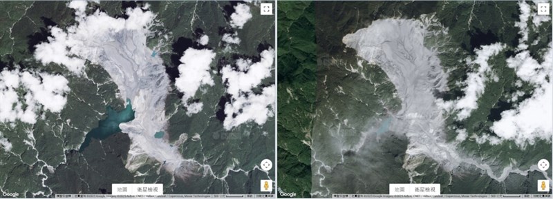 災害前（左）と災害後（右）の馬太鞍渓せき止め湖の衛星画像（国立中央大宇宙・遠隔測定研究センター提供／©CSRSR/CNES, 2025- Pleiades映像）