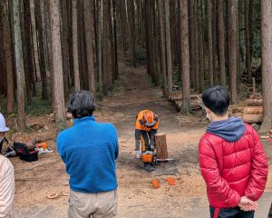 フォレストカレッジの講習の一コマ。チェンソーの力強さに、生徒たちも驚きの声を上げる
