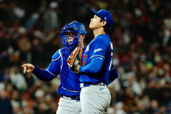 ジャイアンツ戦に出場したドジャースのウィル・スミス(左)と大谷翔平バッテリー【写真:黒澤崇】