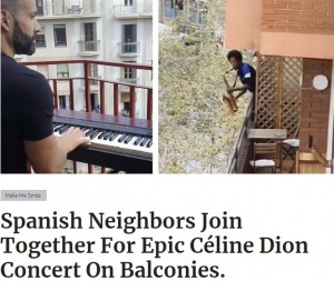バルコニーで即興デュオが実現(画像は『InspireMore.com 2020年3月19日付「Spanish Neighbors Join Together For Epic Céline Dion Concert On Balconies.」』のスクリーンショット)