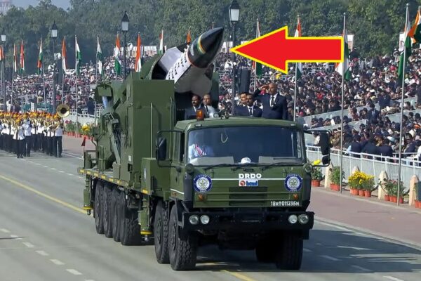 ニューデリーで開催された第77回共和国記念日のパレードで初披露されたインドの極超音速長射程対艦ミサイル「LR-AShM」（ナレンドラ・モディ首相の公式YouTubeチャンネルより）。