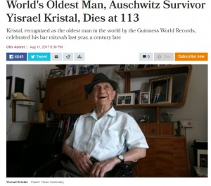 �����ǹ���Υ����饨�������113�Фˤƻ�˴�ʲ����ϡ�Haaretz��2017ǯ8��11���ա�World's Oldest Man, Auschwitz Survivor Yisrael Kristal, Dies at 113�ס�Credit��Yaron Kaminsky�ˡ٤Υ����꡼�󥷥�åȡ�