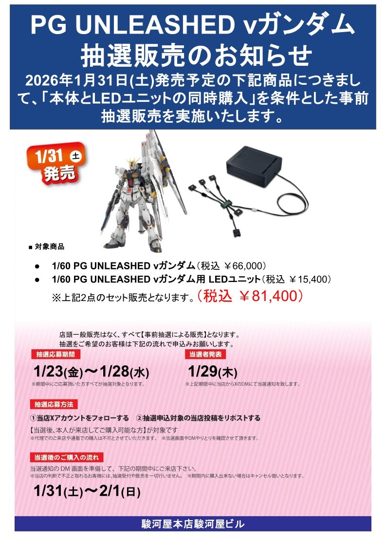 駿河屋各店舗にてガンプラ「PG UNLEASHED νガンダム（本体＋LEDユニット  セット）」の事前抽選販売を実施！店舗Xアカウントのフォローと対象ポストをリポストで参加 - ライブドアニュース