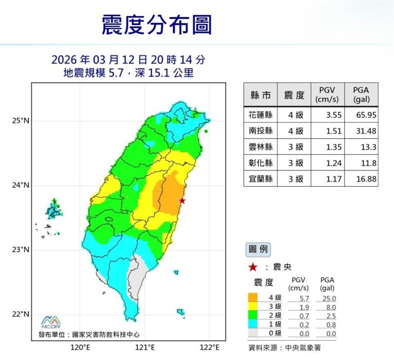 12日夜に起きた地震による各地の震度(中央気象署提供)