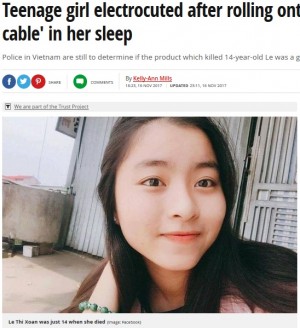 ���Żष��14�о����ʲ����ϡ�Mirror��2017ǯ11��16���ա�Teenage girl electrocuted after rolling onto broken ��iPhone cable�� in her sleep�ס�Image: Facebook�ˡ٤Υ����꡼�󥷥�åȡ�