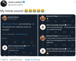 「いいね」を表すサムズアップの絵文字を送ったつもりが…(画像は『Jamie Lambert 2020年4月4日付Twitter「My home council」』のスクリーンショット)