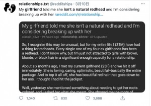 恋人が赤毛ではないことを知った男性による投稿(画像は『relationships.txt 2021年3月10日付Twitter「My girlfriend told me she isn’t a natural redhead and I’m considering breaking up with her」』のスクリーンショット)