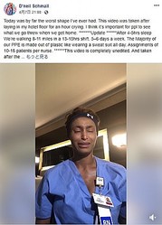 仕事を終えホテルで号泣する看護師（画像は『D’neil Schmall　2020年4月7日付Facebook「Today was by far the worst shape I’ve ever had.」』のスクリーンショット）