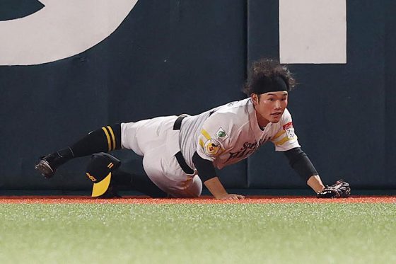 打球を追いフェンスへ激突したソフトバンク・山本恵大【写真:栗木一考】
