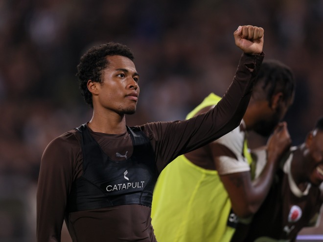 ヴォルフスブルク戦でゴールを決めた藤田。（C）Getty Images
