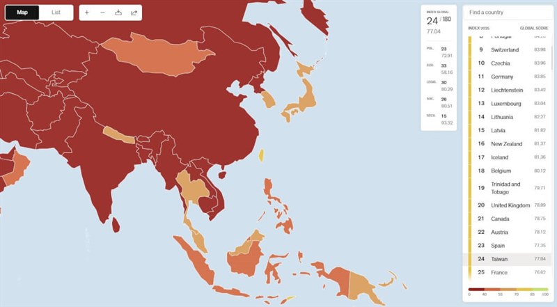 世界各国の報道の自由度を示す地図（国境なき記者団HPから）