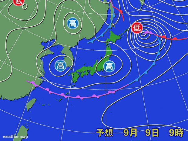 9日午前9時の予想天気図。