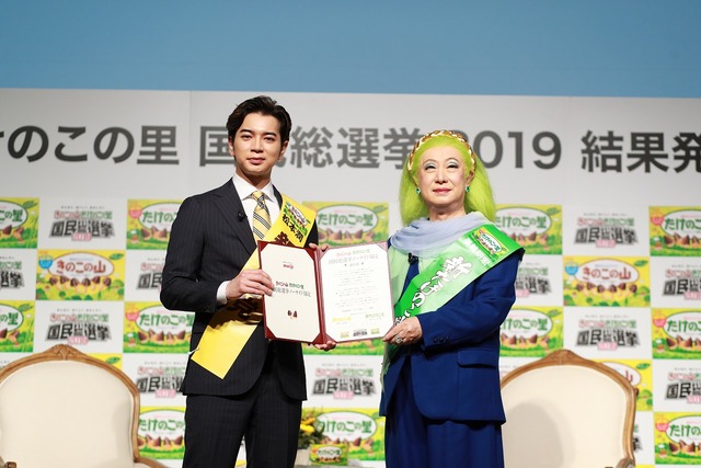 松本潤党首の「新きのこ党」が美輪明宏党首の「新たけのこ党」に初勝利!!明治が「きのこの山・たけのこの里国民総選挙2019」の結果を発表
